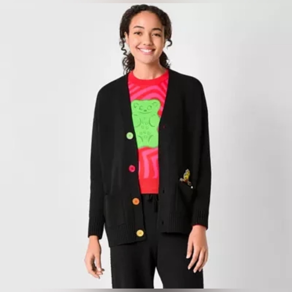 HARIBO Black Sweater Gummy Bear Cardigan with Primary Colored Buttons Small NWT